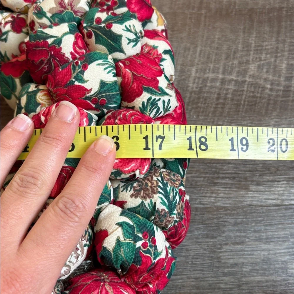 Festive Floral Holiday Wreath with Red Bow Handmade Stuffed Fabric Red 18”